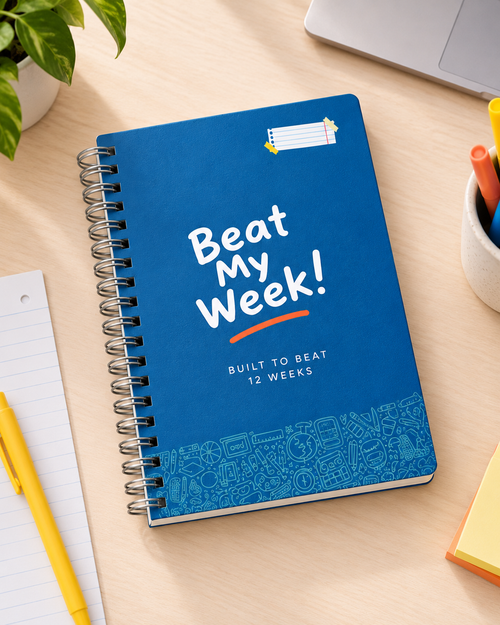 Blue Beat My Week 12-week A5 student planner on a bright study desk